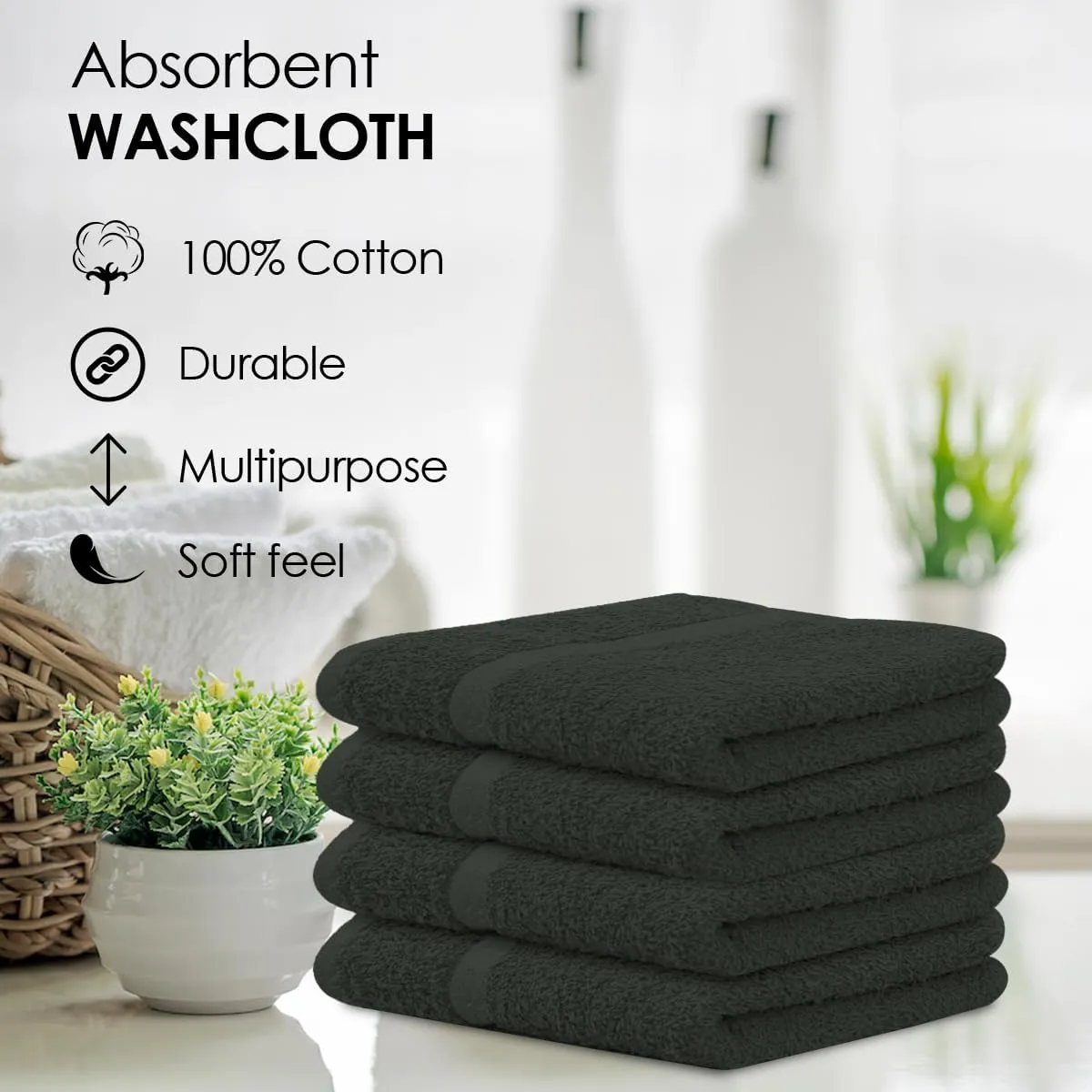 Avalon Towels Cotton Washcloths – (Pack of 60) Size 12x12 Inches, 100% Ring Spun Cotton, Soft & Absorbent Face Towels, Gym Towels, Hotel and Spa Quality, Reusable Fingertip Towels (Gery)