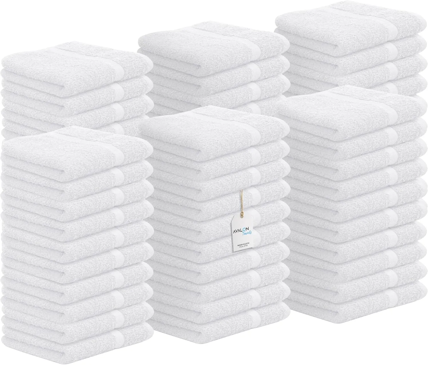 Avalon Towels Cotton Washcloths – (Pack of 60) Size 12x12 Inches, 100% Ring Spun Cotton, Soft & Absorbent Face Towels, Gym Towels, Hotel and Spa Quality, Reusable Fingertip Towels (White)
