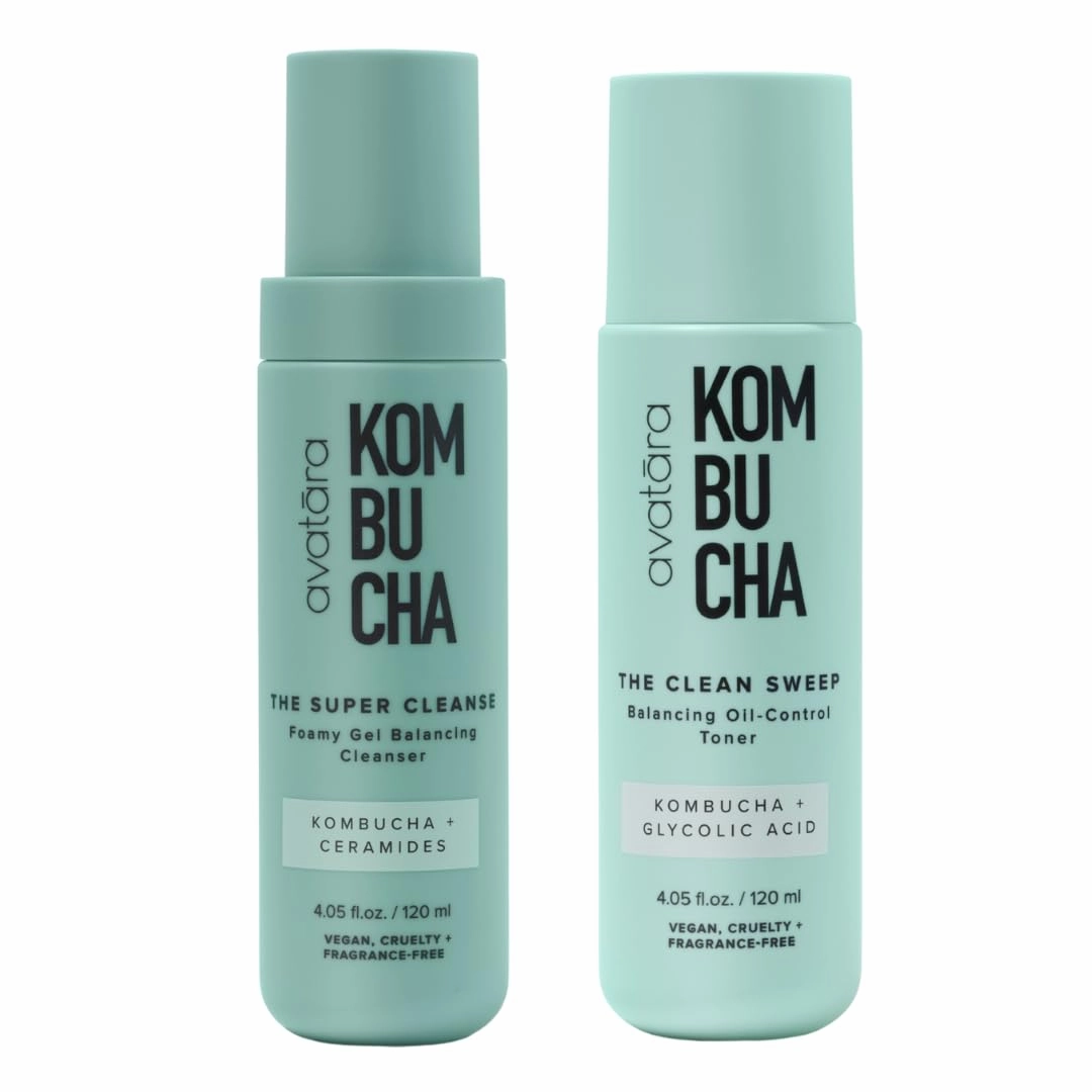 Avatara - Kombucha Cleansing Duo, The Super Cleanse Face Wash   The Clean Sweep Face Toner, Natural Skin-Balancing Cleanser and Face Exfoliator, Hydrating Skincare for Teens, Women, and Men