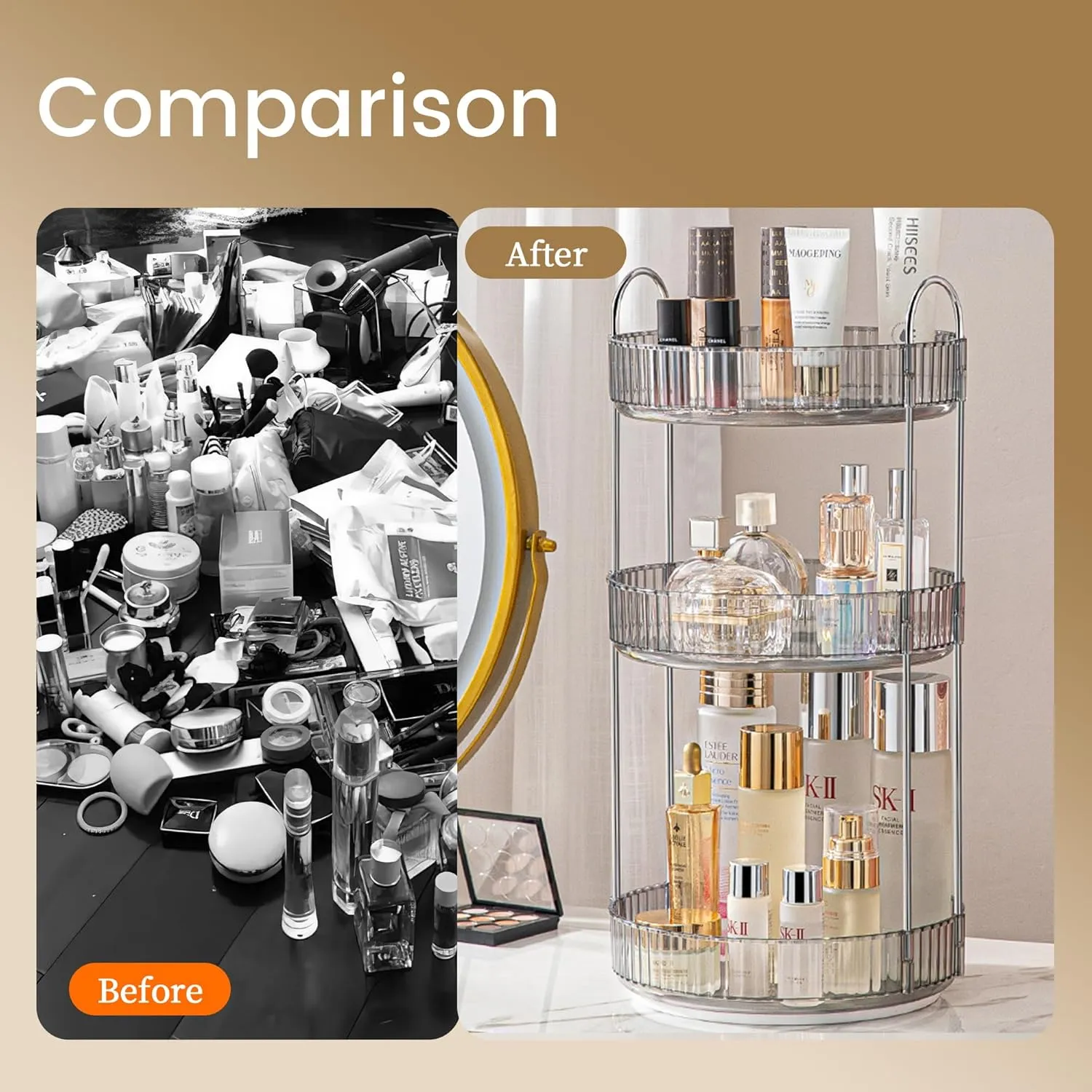 Aveniee Rotating Makeup Organizer for Vanity, 3 Tier Perfume Skincare Organizers and Storage for Bathroom Countertop, Clear Spinning Counter Cosmetic Holder for Dresser(Grey)