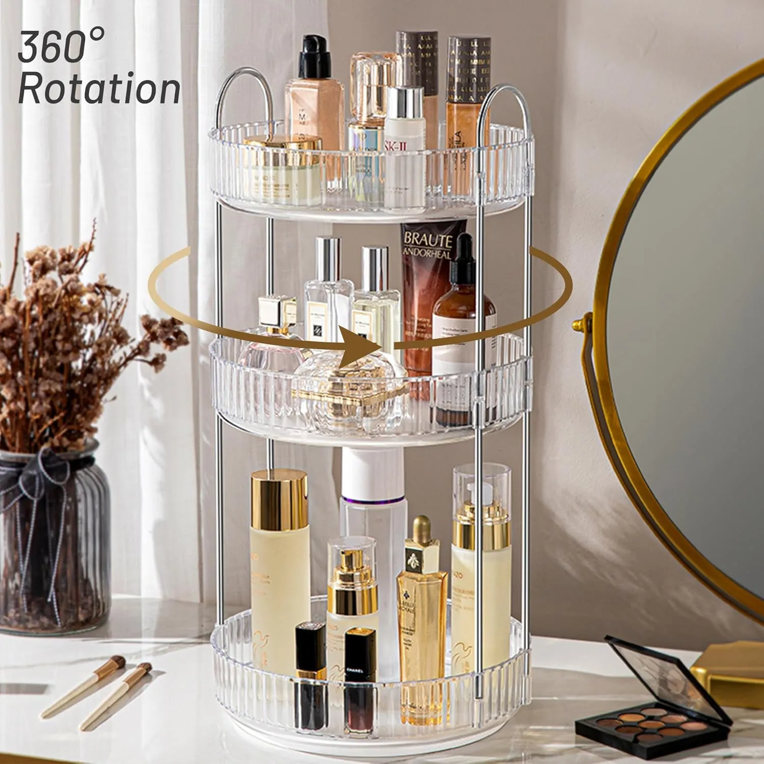 Aveniee Rotating Makeup Organizer for Vanity, 3 Tier Perfume Skincare Organizers and Storage for Bathroom Countertop, Clear Spinning Counter Cosmetic Holder for Dresser(Grey)