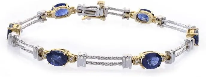 Avital & Co. 6.00 Carat Sapphire and 0.08 Carat Diamond Accent 14k Two Tone Gold Link Bracelet