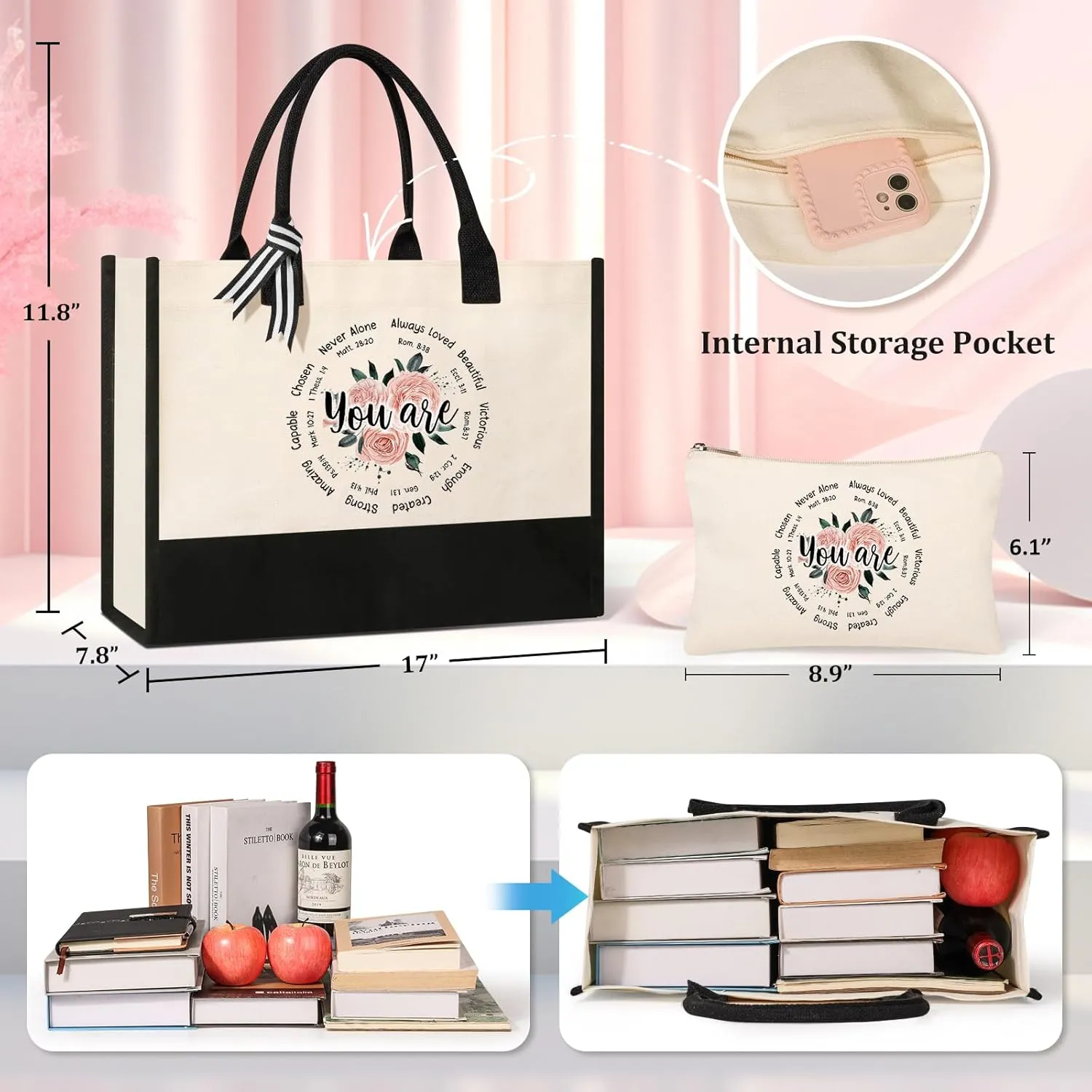 AYGE Christian Gifts for Women, Encourage Gift for Women, Reusable Grocery Bag Tote Bag & Makeup Bag