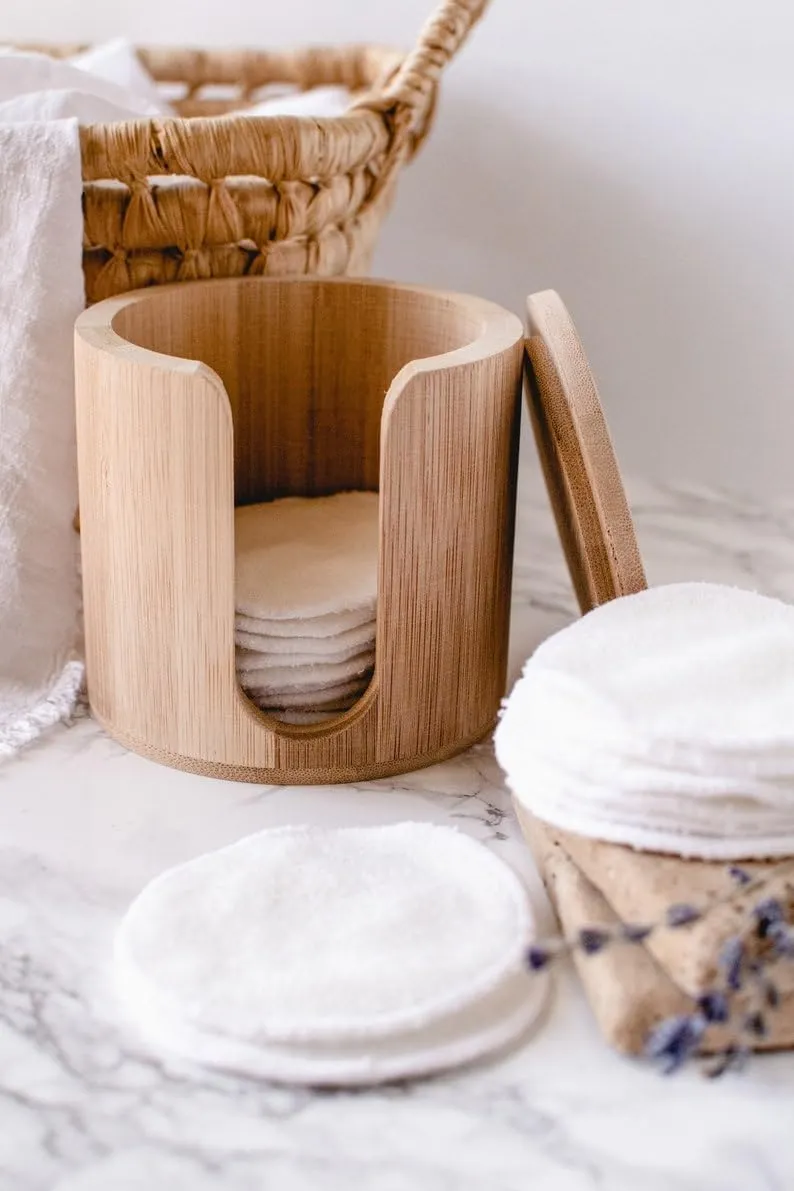 Bare Beauty 20 Pcs Cotton Rounds Pads Reusable with Washable Laundry Bag Waste Free Facial Round Soft Reusable Face Pad Large Bamboo Cotton Rounds for Toner with Bamboo Holder for Storage