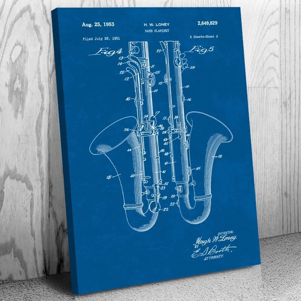Bass Clarinet Canvas Print, Music Teacher, Musician Gift, Music Class Decor, Band Director Gift, Jazz Club Art Blueprint (13 inch x 19 inch)