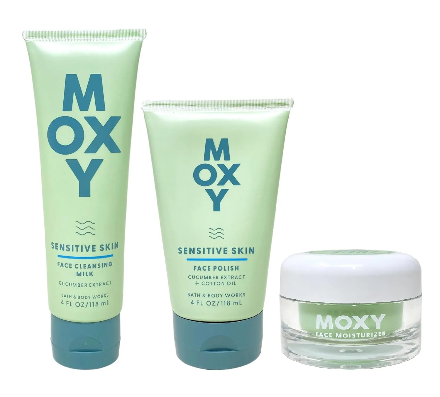 Bath and Body Work MOXY Sensitive Skin 3 Piece Skin Care Set - Face Cleansing Milk - Face Polish and Face Moisturizer - Full Size