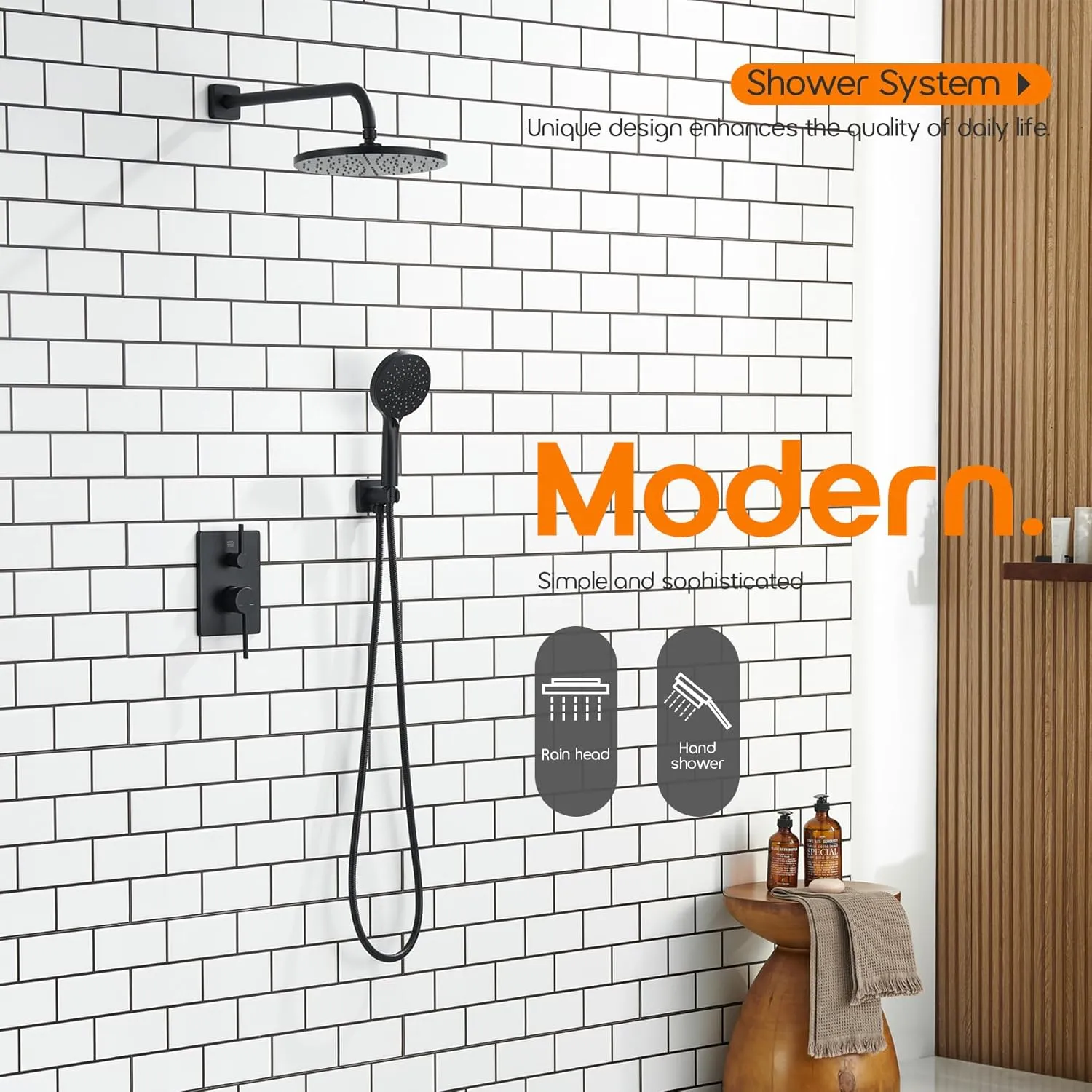Bathroom Rainfall Shower System Set with 10'' Rain Shower Head, 3-Setting Handheld Spray, Valve Included Wall Mounted Matte Black SF001MB-D10