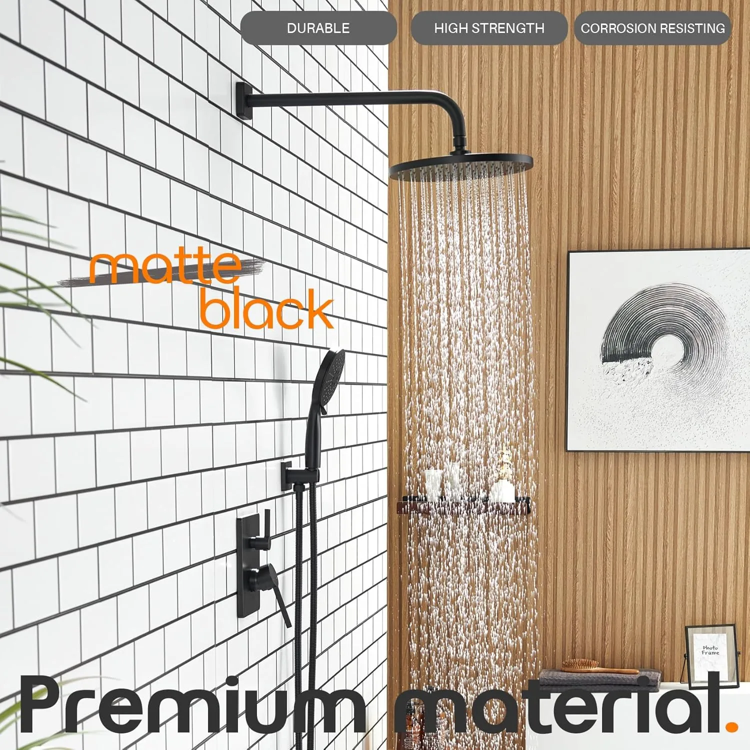Bathroom Rainfall Shower System Set with 10'' Rain Shower Head, 3-Setting Handheld Spray, Valve Included Wall Mounted Matte Black SF001MB-D10