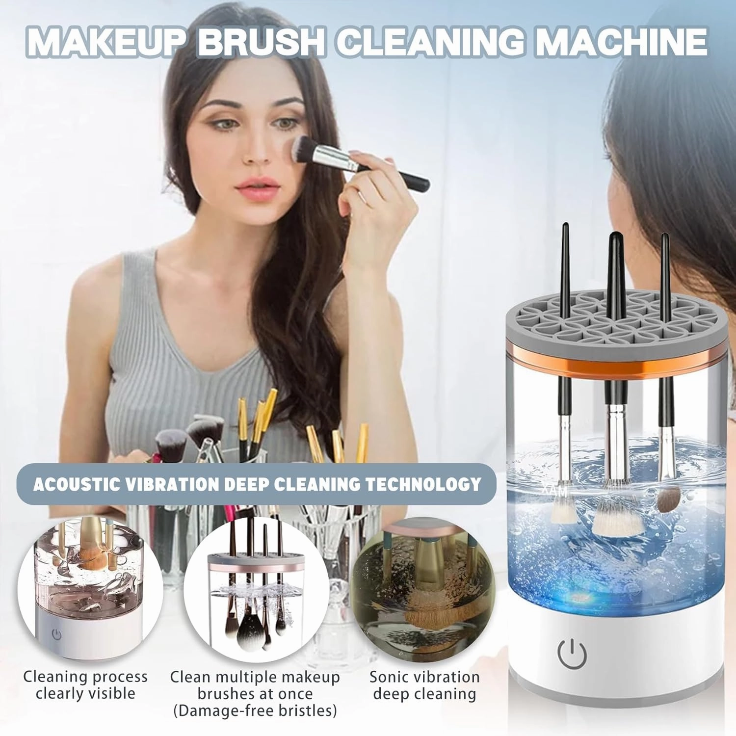 BeautyWash - Cosmetic Brush Cleaner, Electric Makeup Brush Cleaner, Automatic Spinning Makeup Brush Cleaner Tool, Deep Cleans & Dries in Seconds for All Brush Sizes (White)