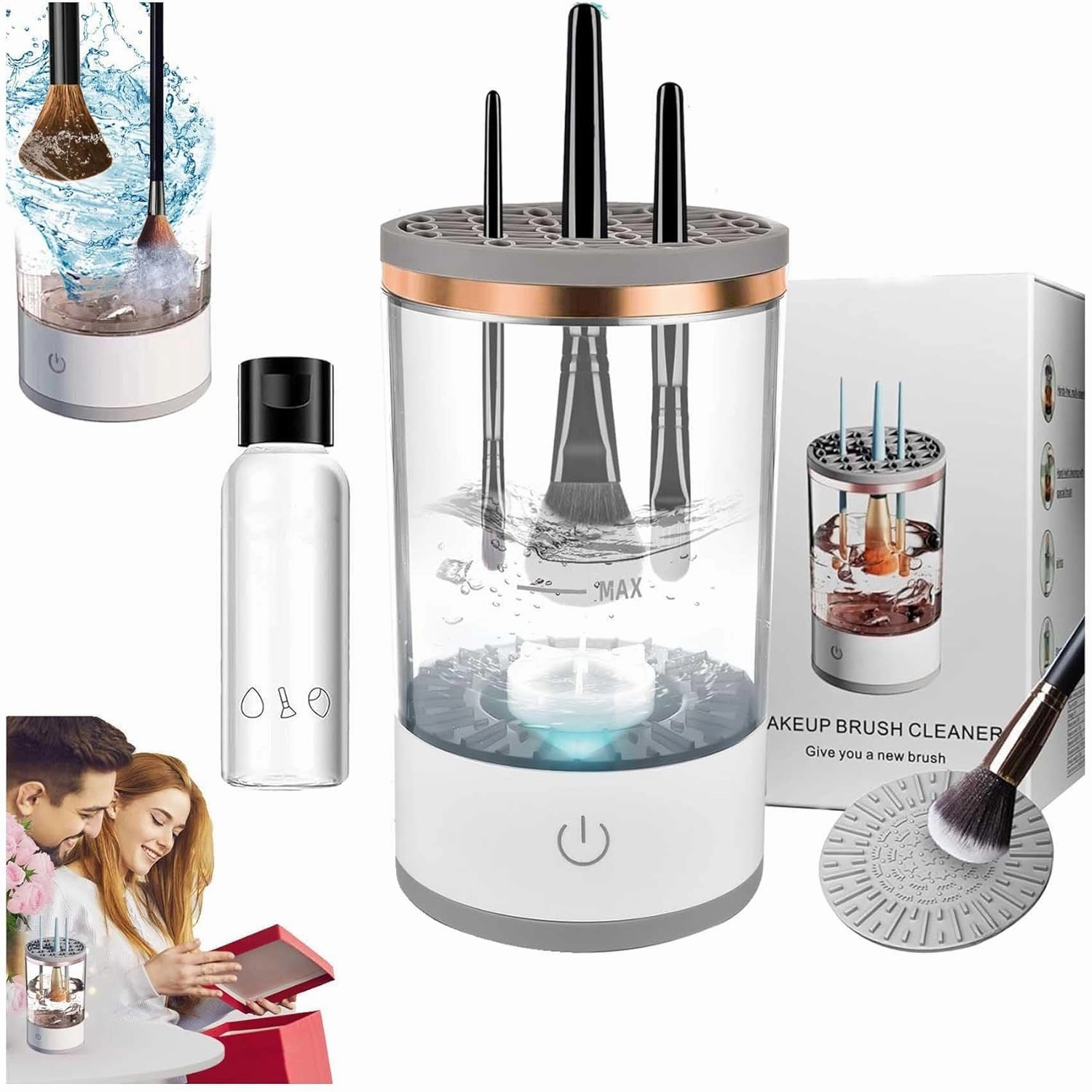 BeautyWash - Cosmetic Brush Cleaner, Electric Makeup Brush Cleaner, Automatic Spinning Makeup Brush Cleaner Tool, Deep Cleans & Dries in Seconds for All Brush Sizes (White)