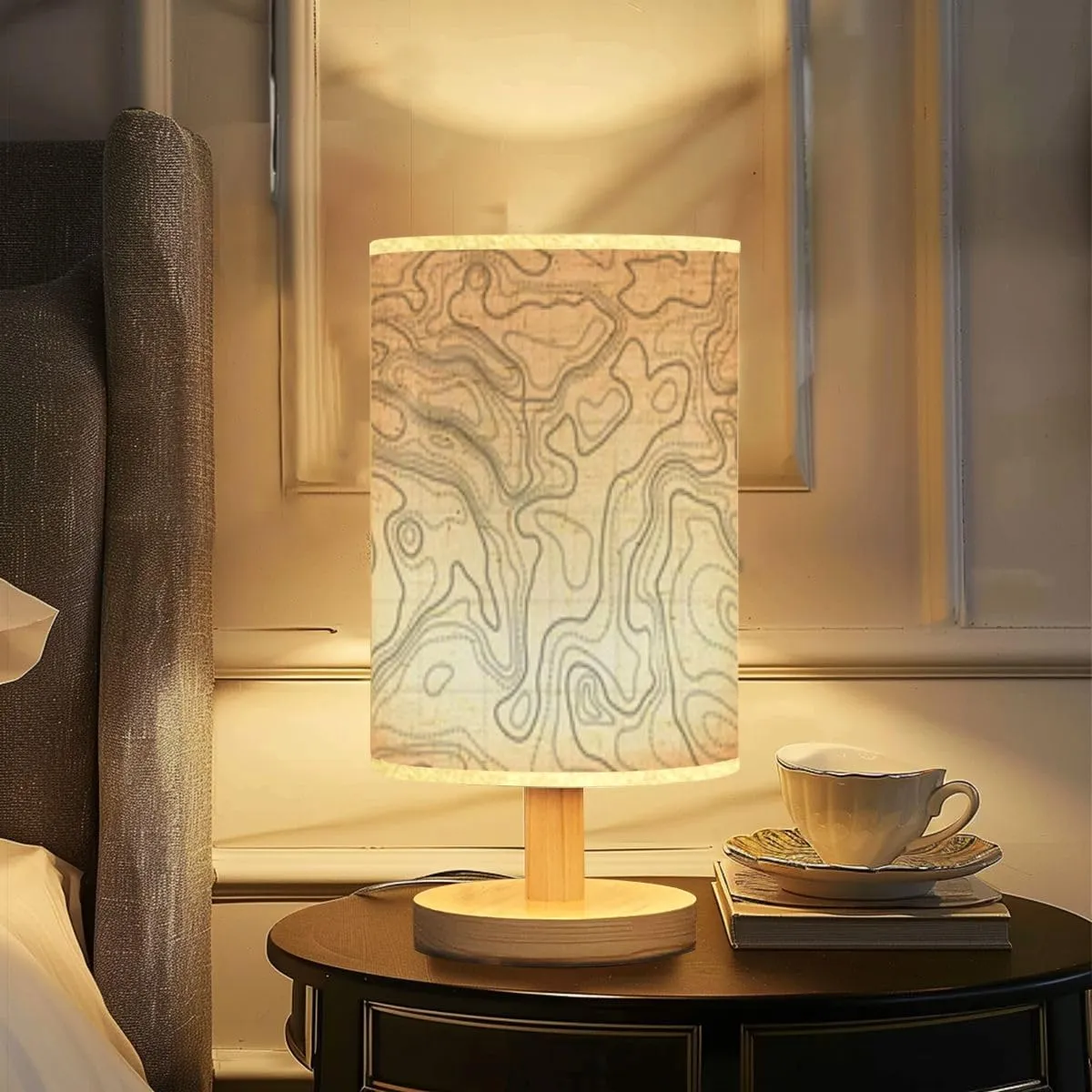 Bedside Desk Lamps, Minimalist Ocean bottom topographic line map curvy wave isolines Sea depth Nightstand lamps, Small Table Lamp for Nursery Girls Kids Bedroom Classroom Living Room Dorm Decor