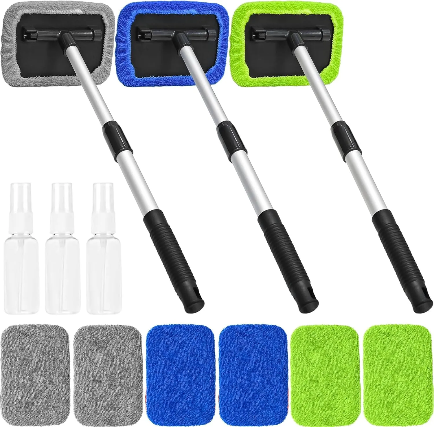 Beieverluck 3 Pieces Car Windshield Cleaner Tool Inside Microfiber Car Window Cleaning Tool with Extendable Handle, 9 Microfiber Pads and 3 Spray Bottles for Auto Home Interior Exterior Glass Wiper