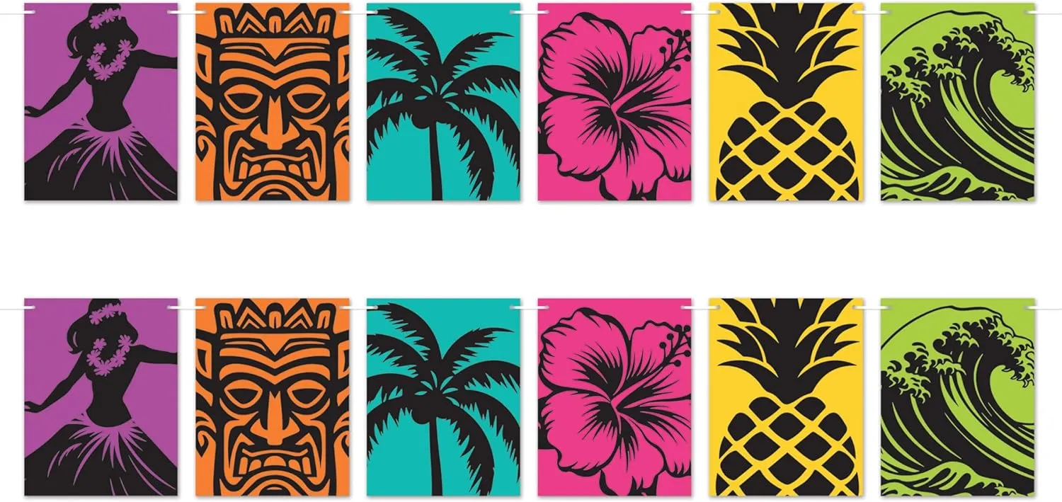 Beistle Luau Silhouette Streamers, 2 Count Tropical Hawaiian Party Decorations with Tiki Palm Tree Flower Pineapple and Wave Design, Summer Beach BBQ Supplies, 4’ 6”, 9.5" x 4' 6", Multi Colored
