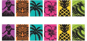 Beistle Luau Silhouette Streamers, 2 Count Tropical Hawaiian Party Decorations with Tiki Palm Tree Flower Pineapple and Wave Design, Summer Beach BBQ Supplies, 4’ 6”, 9.5" x 4' 6", Multi Colored