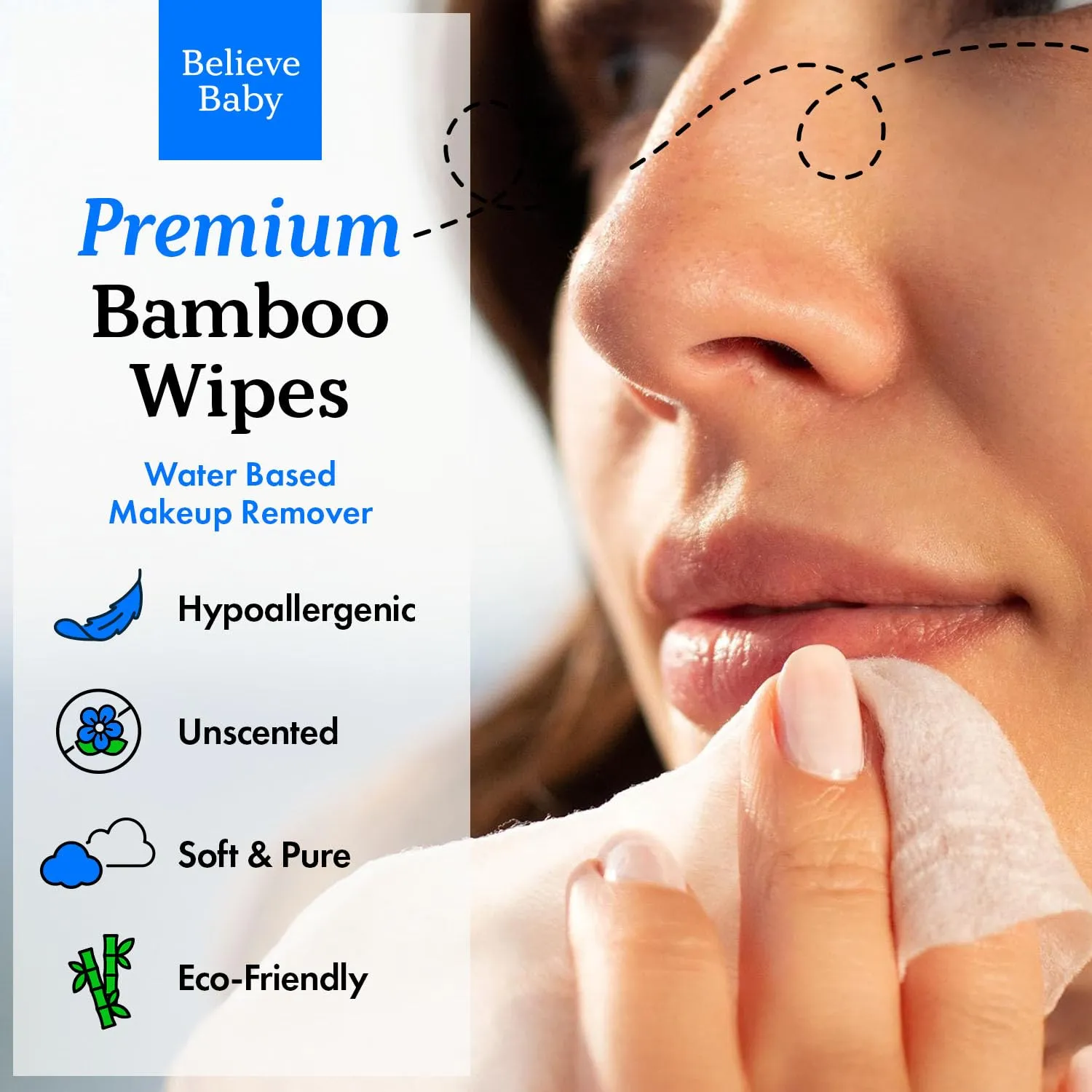 Believe Makeup Remover Wipes 80pc x 4 Packs - Bamboo Viscose Unscented Wipes for Women Cleansing, Disposable Make Up Wipes Remover, Face Cleansing Wipes, Makeup Wipes for Women, Gentle and Compostable