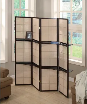 Benzara BM159237 Stylish Four Panel Folding Screen with Shelves, Brown