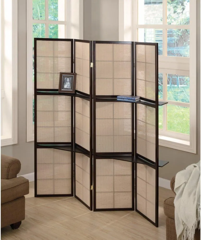 Benzara BM159237 Stylish Four Panel Folding Screen with Shelves, Brown