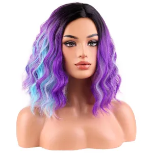BERON Black Ombre Purple and Blue Short Curly Wave Women Wigs Girls Purpla Mixed Pink and Blue Rainbow Shoulder Length Wavy Synthetic Wig for Cosplay Costume Party or Daily