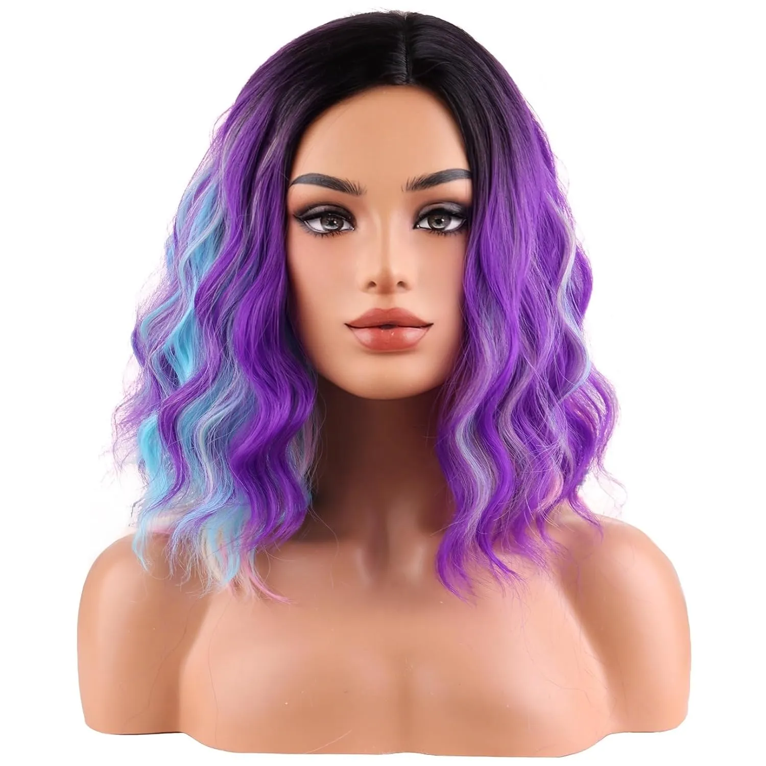 BERON Black Ombre Purple and Blue Short Curly Wave Women Wigs Girls Purpla Mixed Pink and Blue Rainbow Shoulder Length Wavy Synthetic Wig for Cosplay Costume Party or Daily