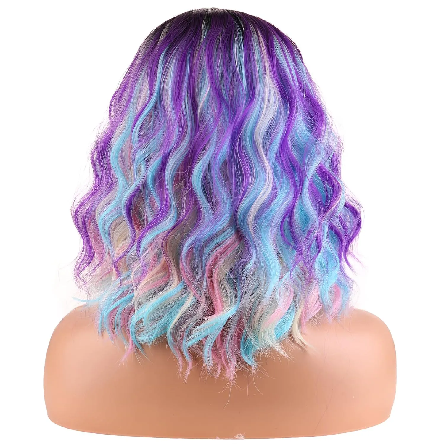 BERON Black Ombre Purple and Blue Short Curly Wave Women Wigs Girls Purpla Mixed Pink and Blue Rainbow Shoulder Length Wavy Synthetic Wig for Cosplay Costume Party or Daily