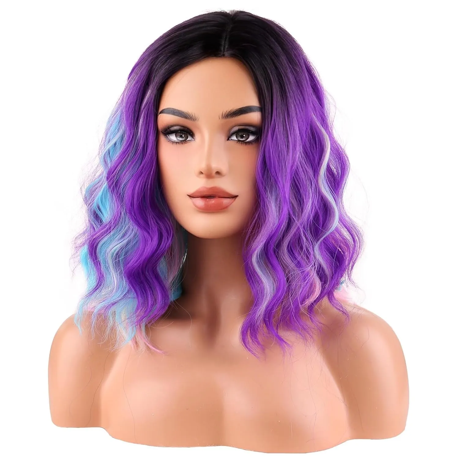 BERON Black Ombre Purple and Blue Short Curly Wave Women Wigs Girls Purpla Mixed Pink and Blue Rainbow Shoulder Length Wavy Synthetic Wig for Cosplay Costume Party or Daily