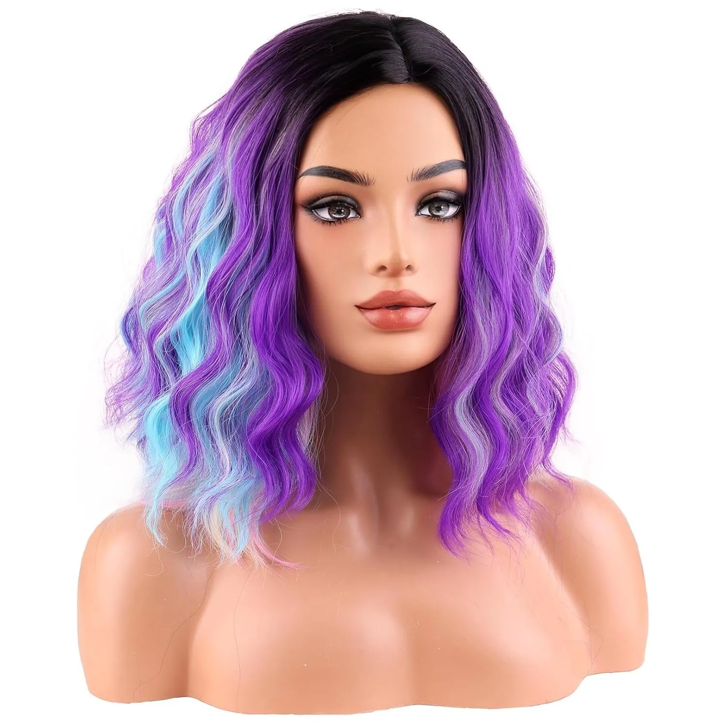 BERON Black Ombre Purple and Blue Short Curly Wave Women Wigs Girls Purpla Mixed Pink and Blue Rainbow Shoulder Length Wavy Synthetic Wig for Cosplay Costume Party or Daily
