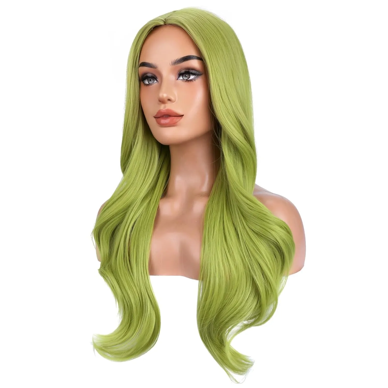 BERON Green Wigs Long Wavy Wig for Women Natural Curly Light Colored Heat Resistant Synthetic Hair Wigs for Cosplay Party Daily or Use
