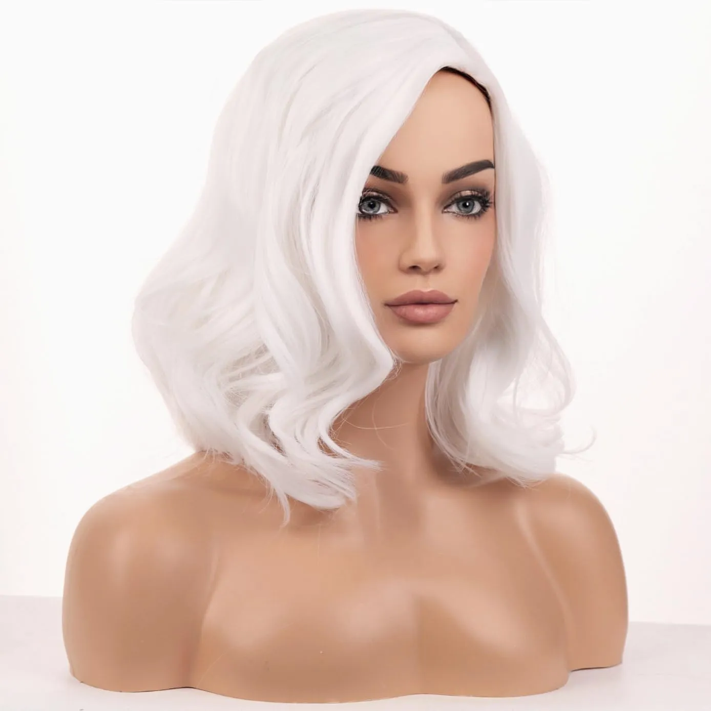 BERON White Wigs for Womens Short Curly Wavy Wig Girls White Colored Side Part Wigs Shoulder Length Heat Resistant Synthetic Daily or Cosplay Party Used Wig