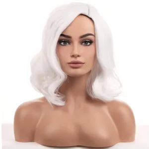 BERON White Wigs for Womens Short Curly Wavy Wig Girls White Colored Side Part Wigs Shoulder Length Heat Resistant Synthetic Daily or Cosplay Party Used Wig