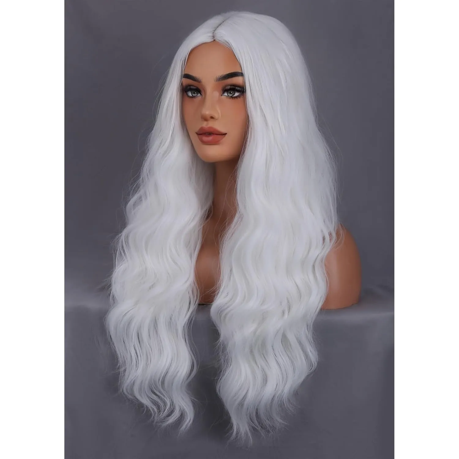 BERON White Wigs Long Wavy Wig for Women Natural Curly White Colored Heat Resistant Synthetic Hair Wigs for Cosplay Party Daily or Use