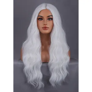 BERON White Wigs Long Wavy Wig for Women Natural Curly White Colored Heat Resistant Synthetic Hair Wigs for Cosplay Party Daily or Use