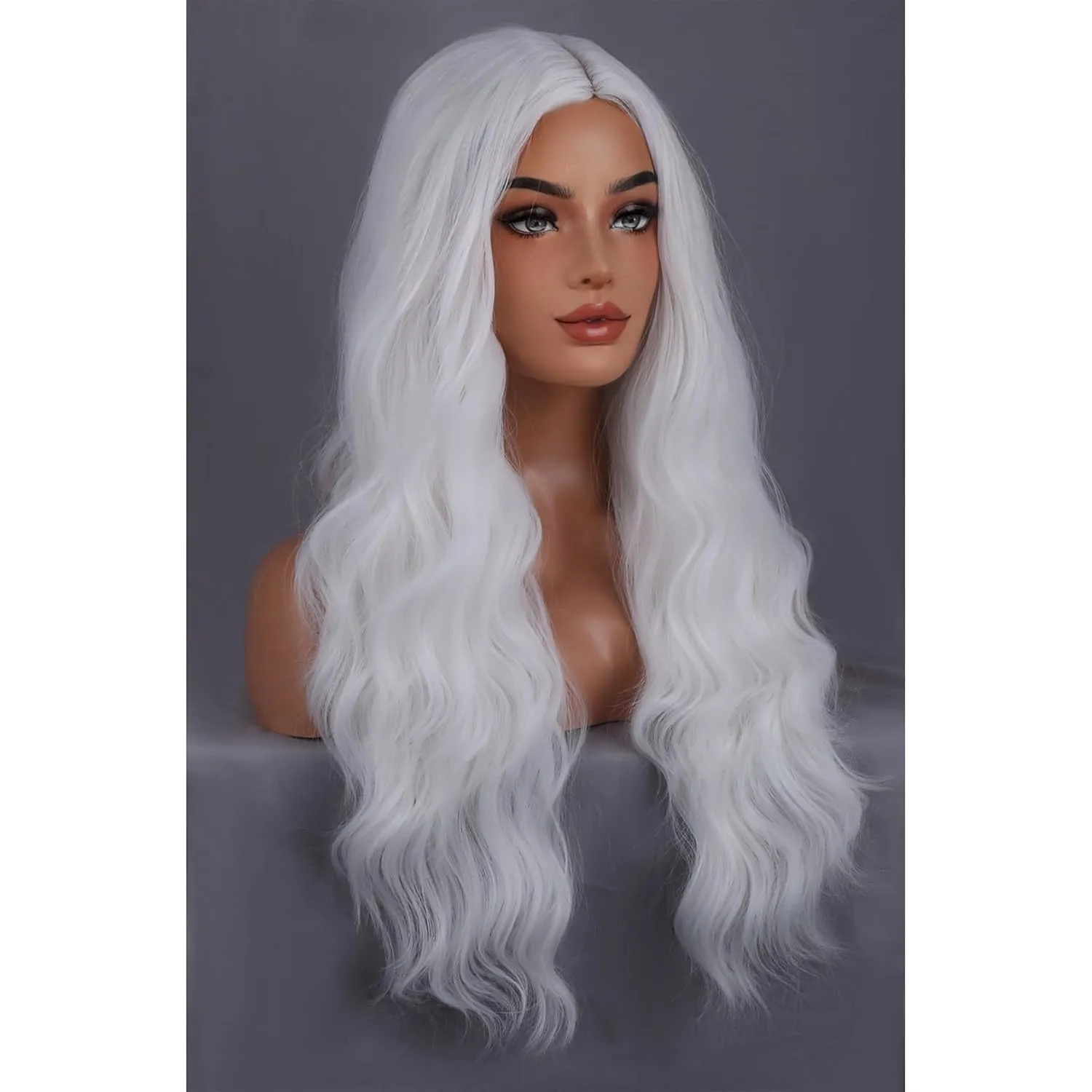 BERON White Wigs Long Wavy Wig for Women Natural Curly White Colored Heat Resistant Synthetic Hair Wigs for Cosplay Party Daily or Use