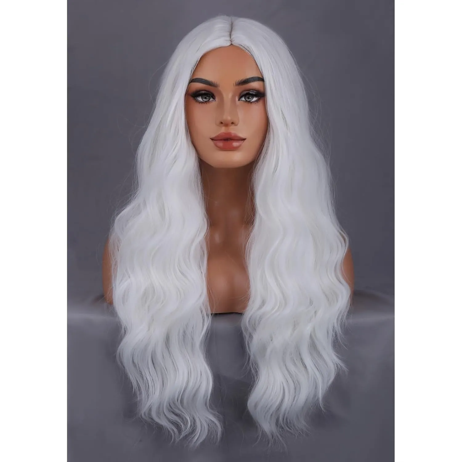 BERON White Wigs Long Wavy Wig for Women Natural Curly White Colored Heat Resistant Synthetic Hair Wigs for Cosplay Party Daily or Use