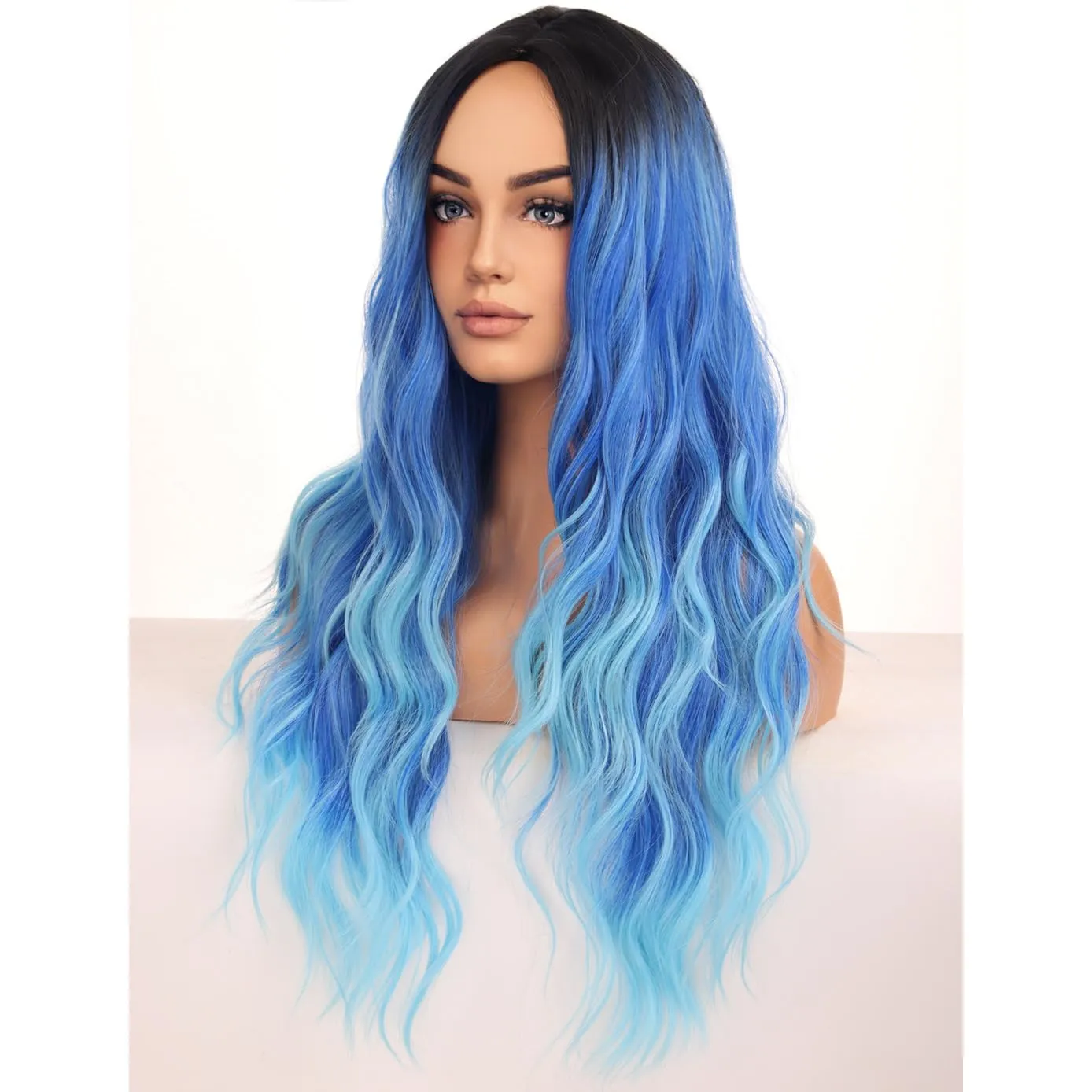 BERON Women's Blue Wigs Long Wavy Hair Wig for Girls Ombre Colored Curly Heat Resistant Synthetic Hair Wigs for Cosplay Party Daily or Use