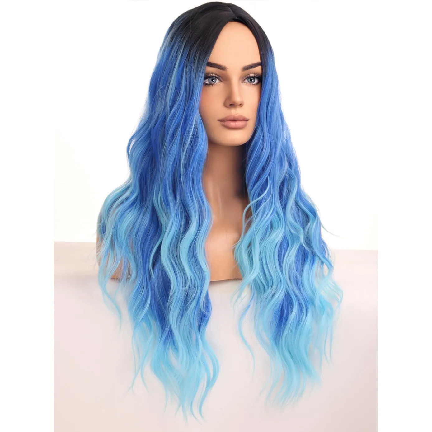 BERON Women's Blue Wigs Long Wavy Hair Wig for Girls Ombre Colored Curly Heat Resistant Synthetic Hair Wigs for Cosplay Party Daily or Use
