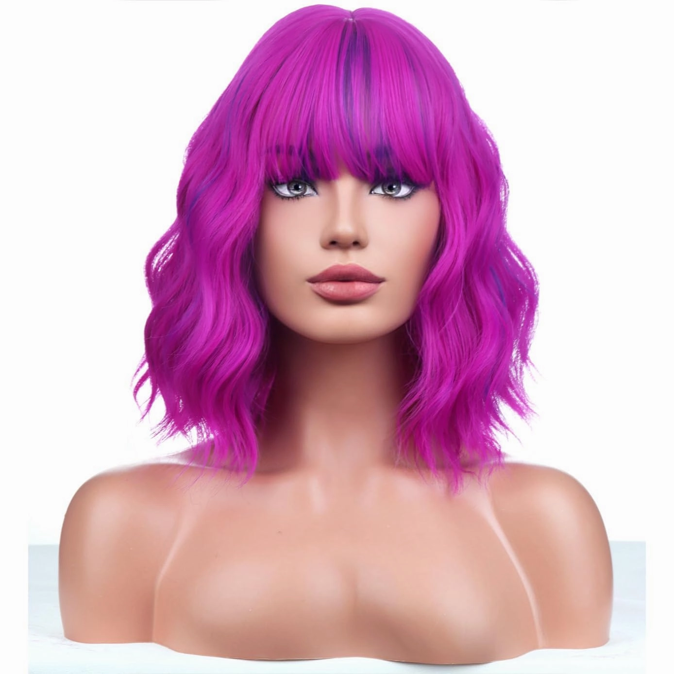 BERON Rose and Purple Womens Wig Short Curly Bob Wig with Bangs for Girls Fuchsia Colored Wavy Hair Wigs 12'' Women's Magenta Synthetic Wigs Daily or Cosplay Use