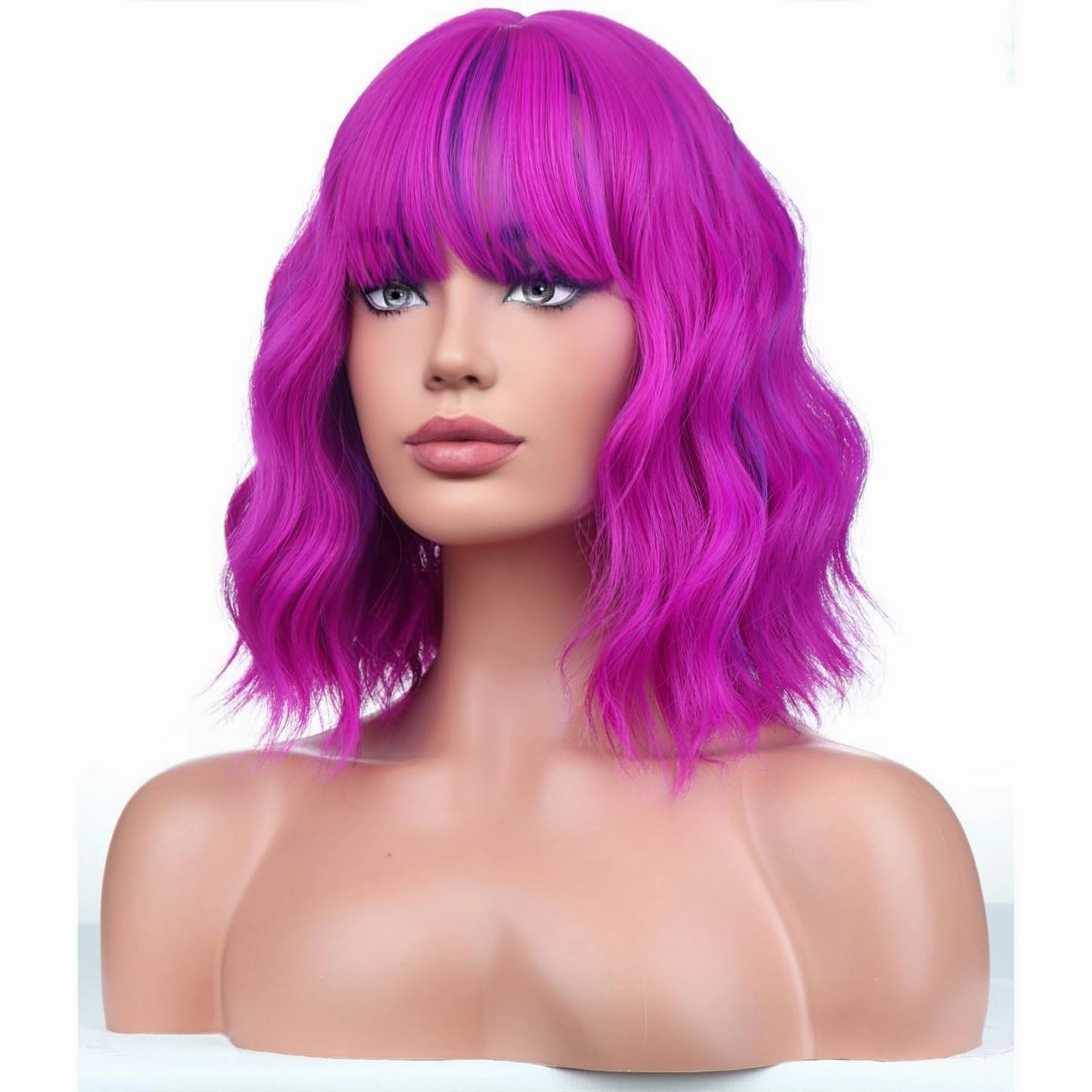 BERON Rose and Purple Womens Wig Short Curly Bob Wig with Bangs for Girls Fuchsia Colored Wavy Hair Wigs 12'' Women's Magenta Synthetic Wigs Daily or Cosplay Use