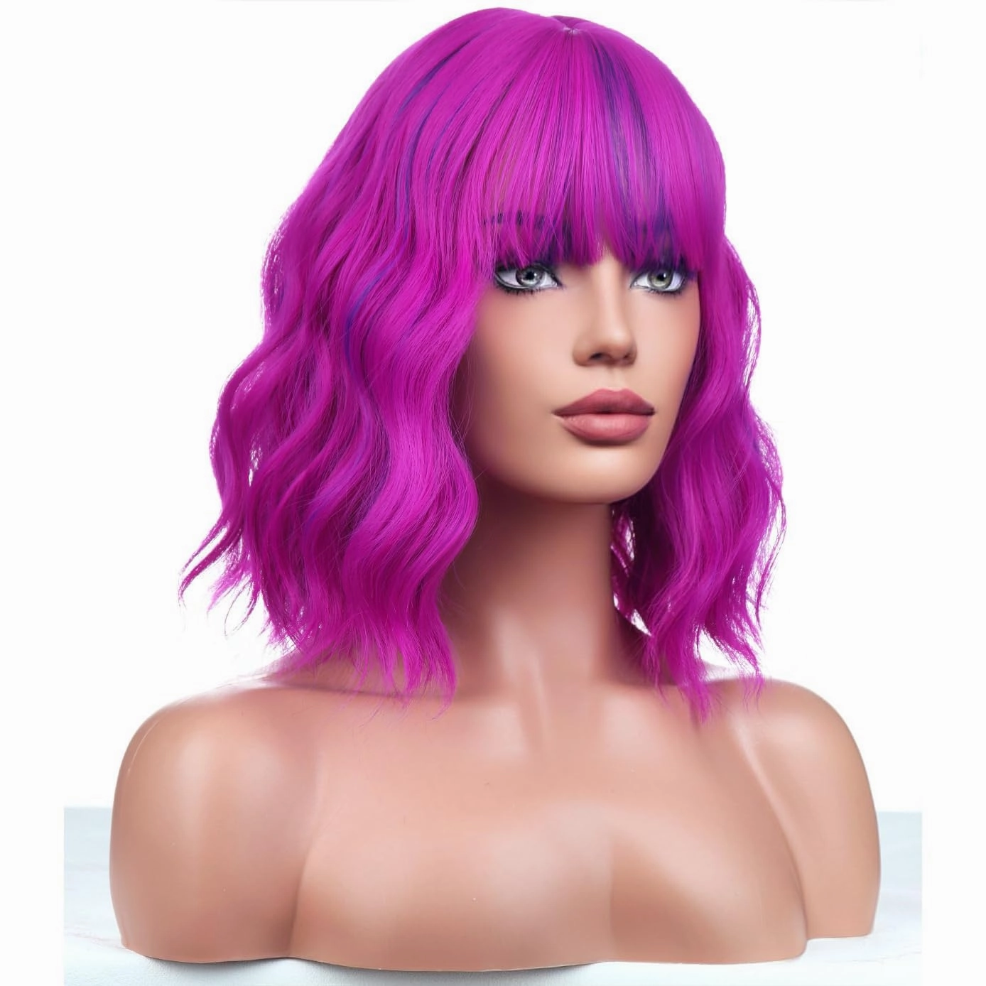 BERON Rose and Purple Womens Wig Short Curly Bob Wig with Bangs for Girls Fuchsia Colored Wavy Hair Wigs 12'' Women's Magenta Synthetic Wigs Daily or Cosplay Use