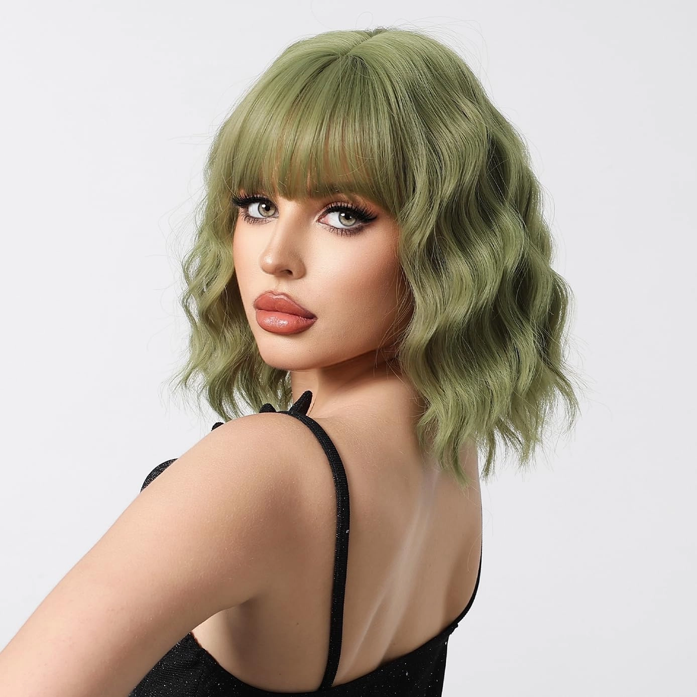 BERON Short Green Wigs for Women Curly Wavy Wig with Bangs Girls Avocado Green Colored Hair Wigs 12'' Women's Synthetic Wig Daily or Cosplay Use