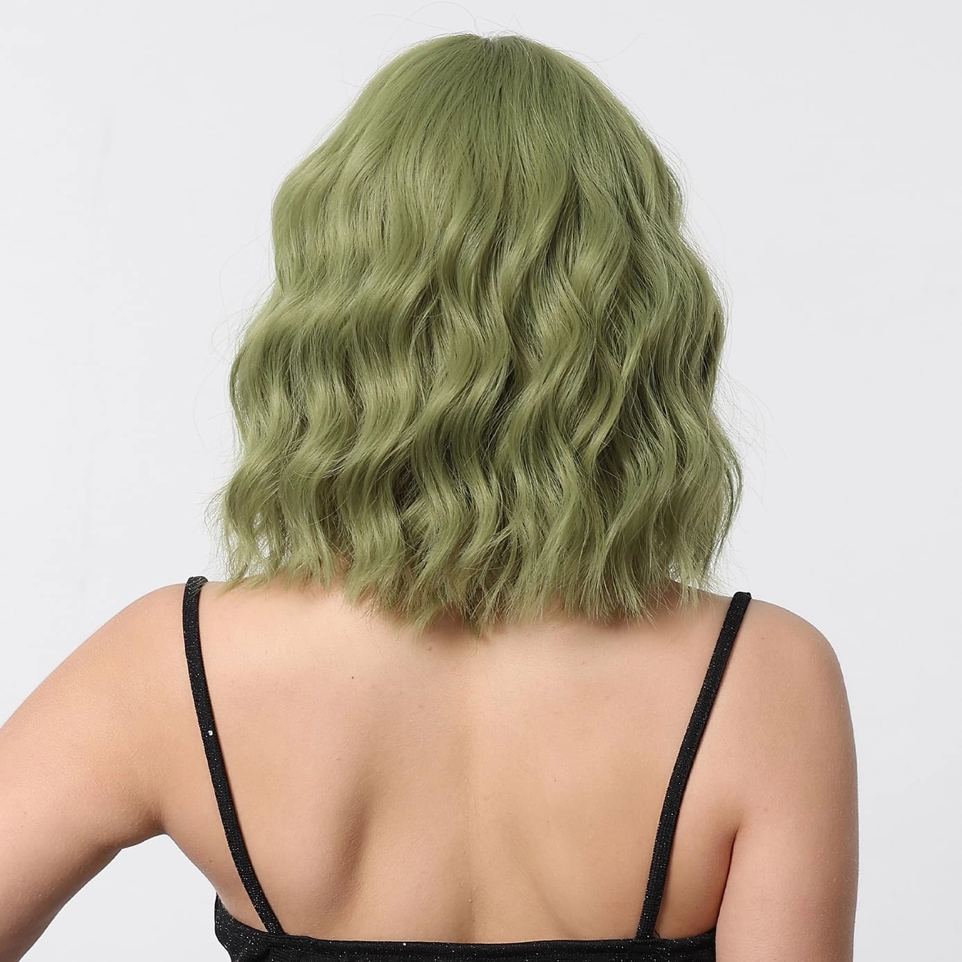 BERON Short Green Wigs for Women Curly Wavy Wig with Bangs Girls Avocado Green Colored Hair Wigs 12'' Women's Synthetic Wig Daily or Cosplay Use