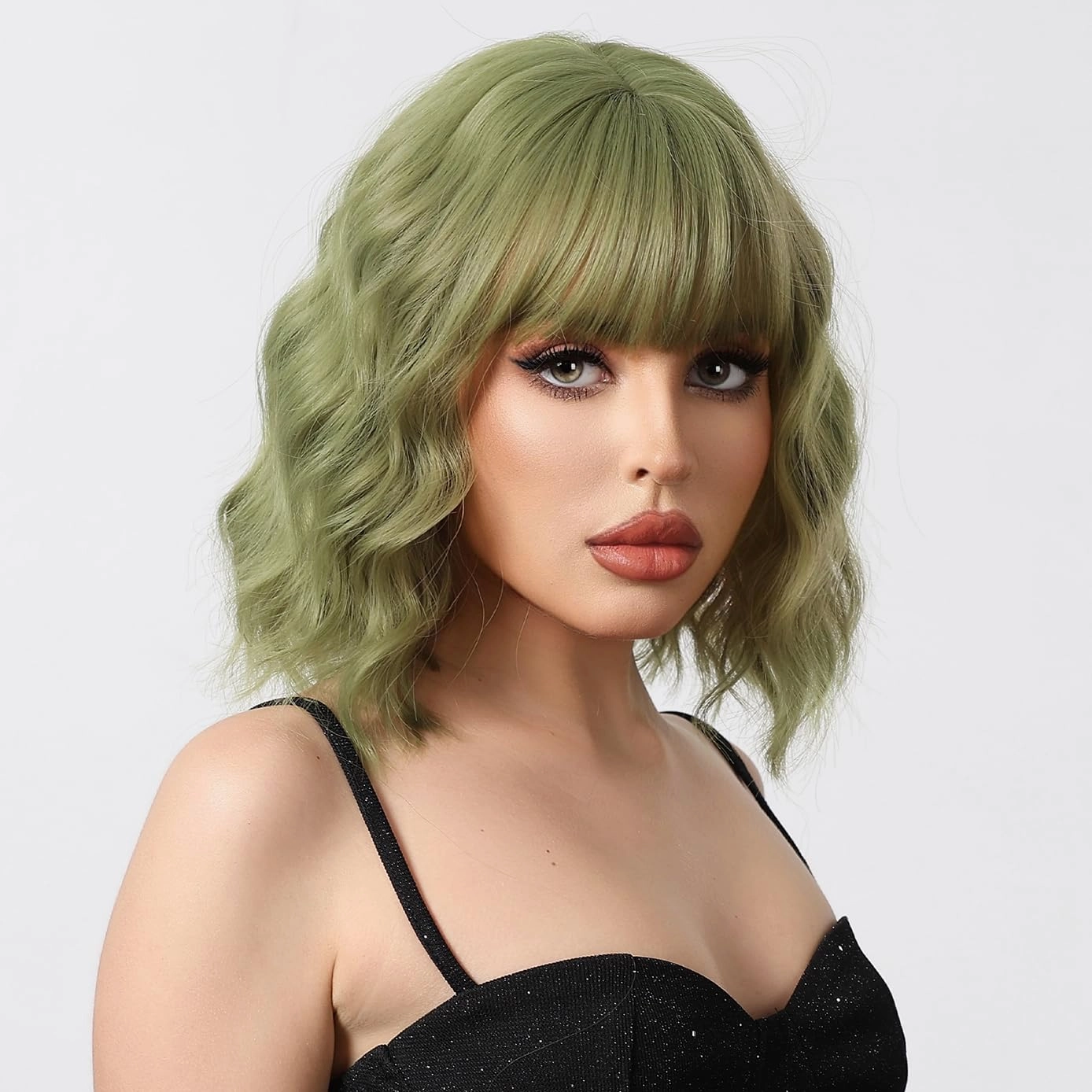 BERON Short Green Wigs for Women Curly Wavy Wig with Bangs Girls Avocado Green Colored Hair Wigs 12'' Women's Synthetic Wig Daily or Cosplay Use