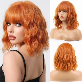 BERON Short Orange Wigs for Women Curly Wavy Wig with Bangs Girls Dark Orange Colored Hair Wigs 12'' Women's Synthetic Wig Daily or Cosplay Use