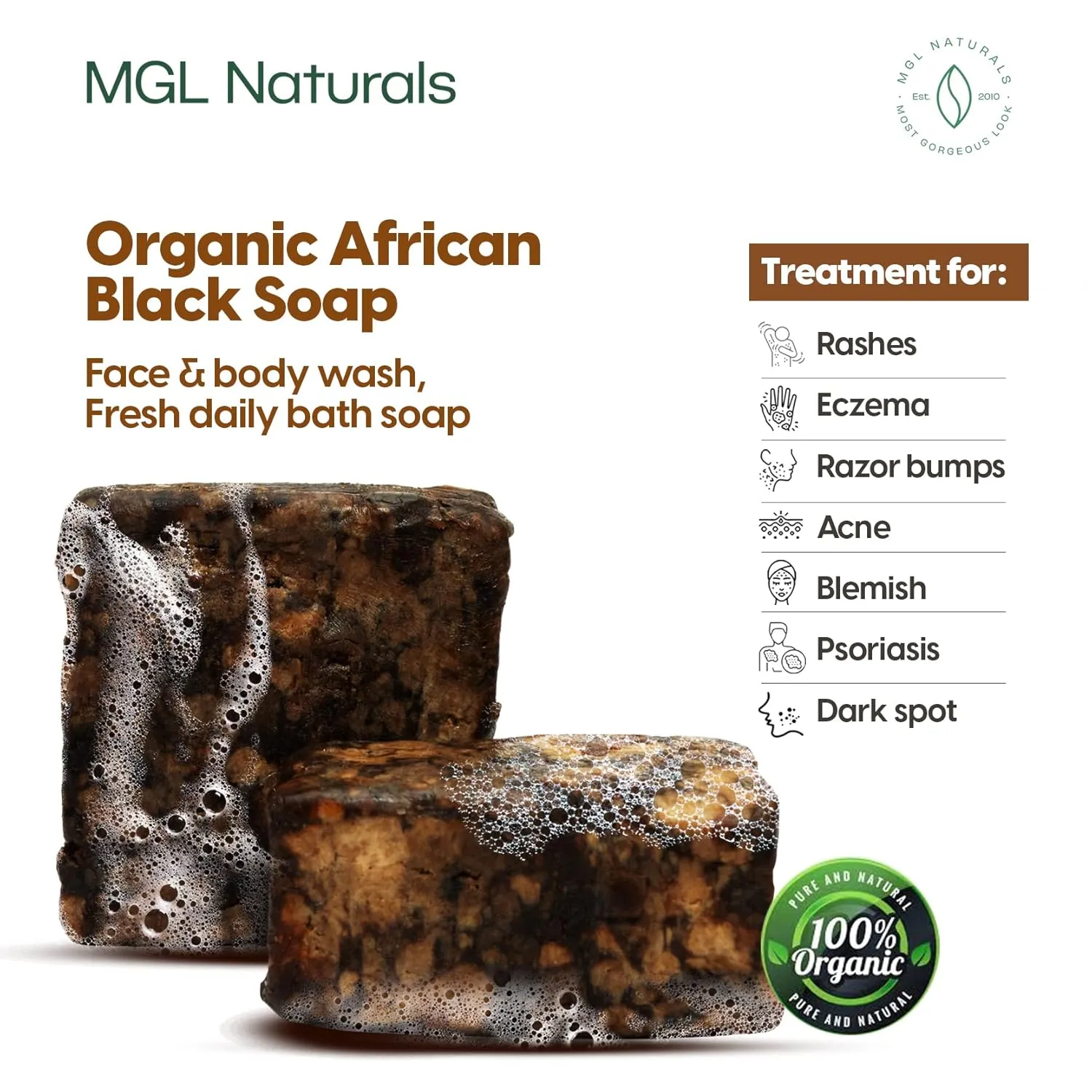 Best Organic African Black Soap, 1 lb, For Acne, Eczema, Dark spots, Rashes & Blemish from Ghana, Africa. Face and body deep cleanse wash. For skin conditions (1 lb)
