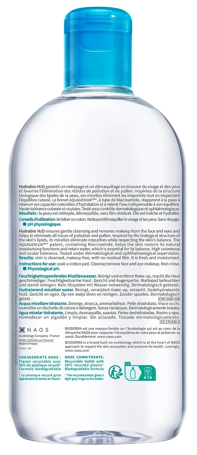 Bioderma - Hydrabio H2O Micellar Water - Face Cleanser and Makeup Remover - Micellar Cleansing Water for Dehydrated Sensitive Skin