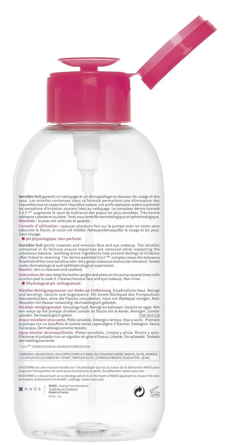 Bioderma - Sensibio - H2O Micellar Water - Makeup Remover Cleanser - Face Cleanser for Sensitive Skin