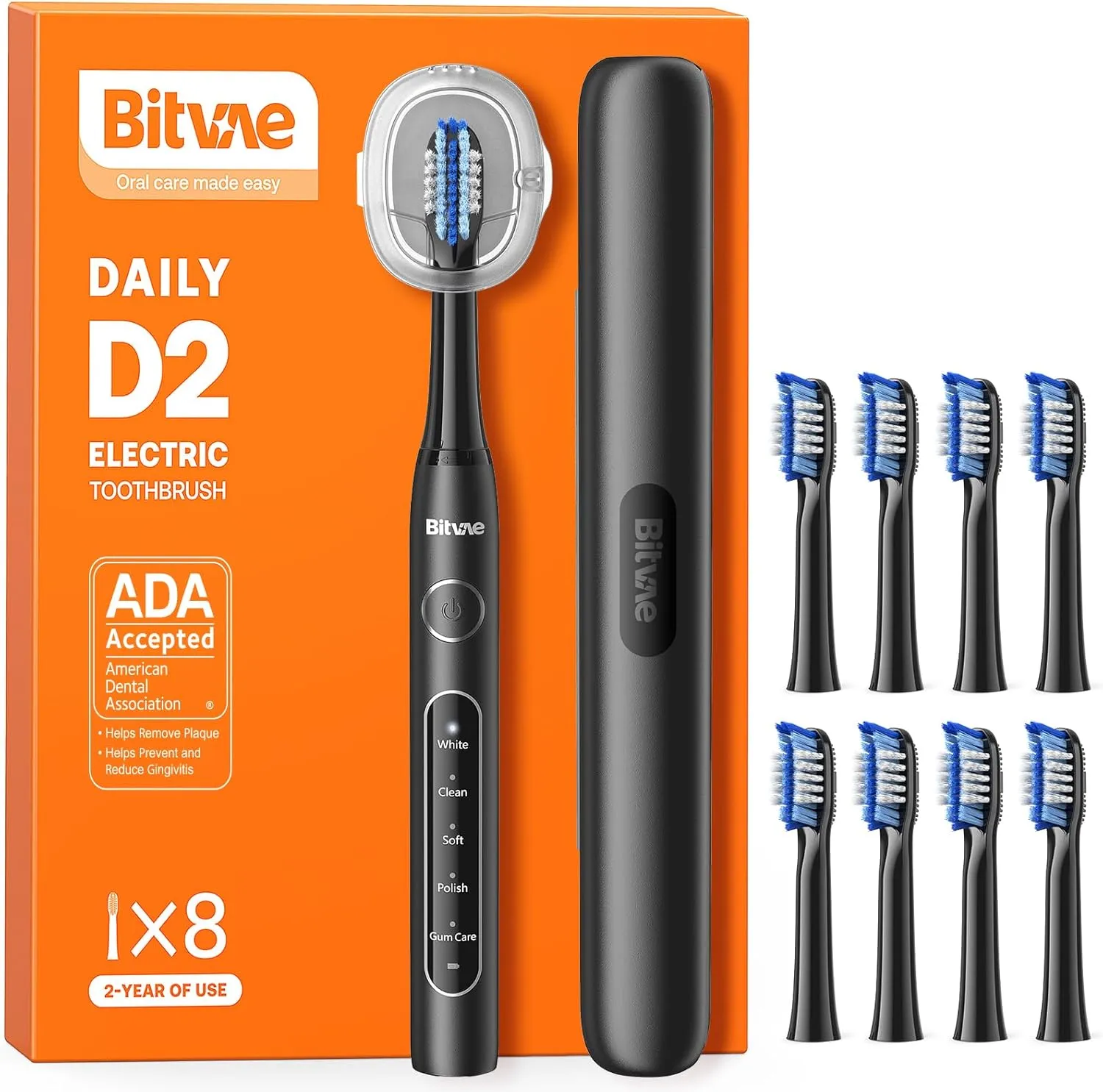 Bitvae Ultrasonic Electric Toothbrush for Adults and Kids, ADA Accepted Travel Toothbrush with Rechargeable 60-Day Battery Life, 5 Modes, 8 Heads, Case, Holder, Shadow Black