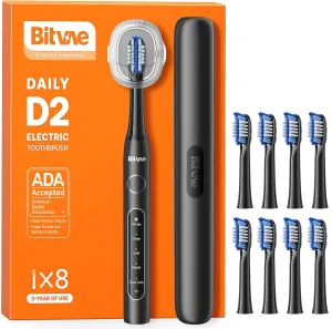 Bitvae Ultrasonic Electric Toothbrush for Adults and Kids, ADA Accepted Travel Toothbrush with Rechargeable 60-Day Battery Life, 5 Modes, 8 Heads, Case, Holder, Shadow Black