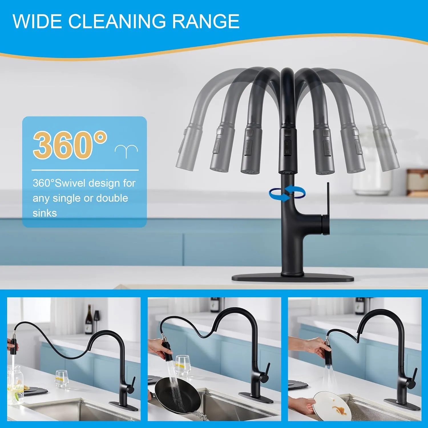 Black Kitchen Faucet with Pull Down Sprayer, Kitchen Sink Faucets with Deck Plate 3-Function Power Boost Pull Out Sprayer Modern Single Handle Commercial Kitchen Faucets