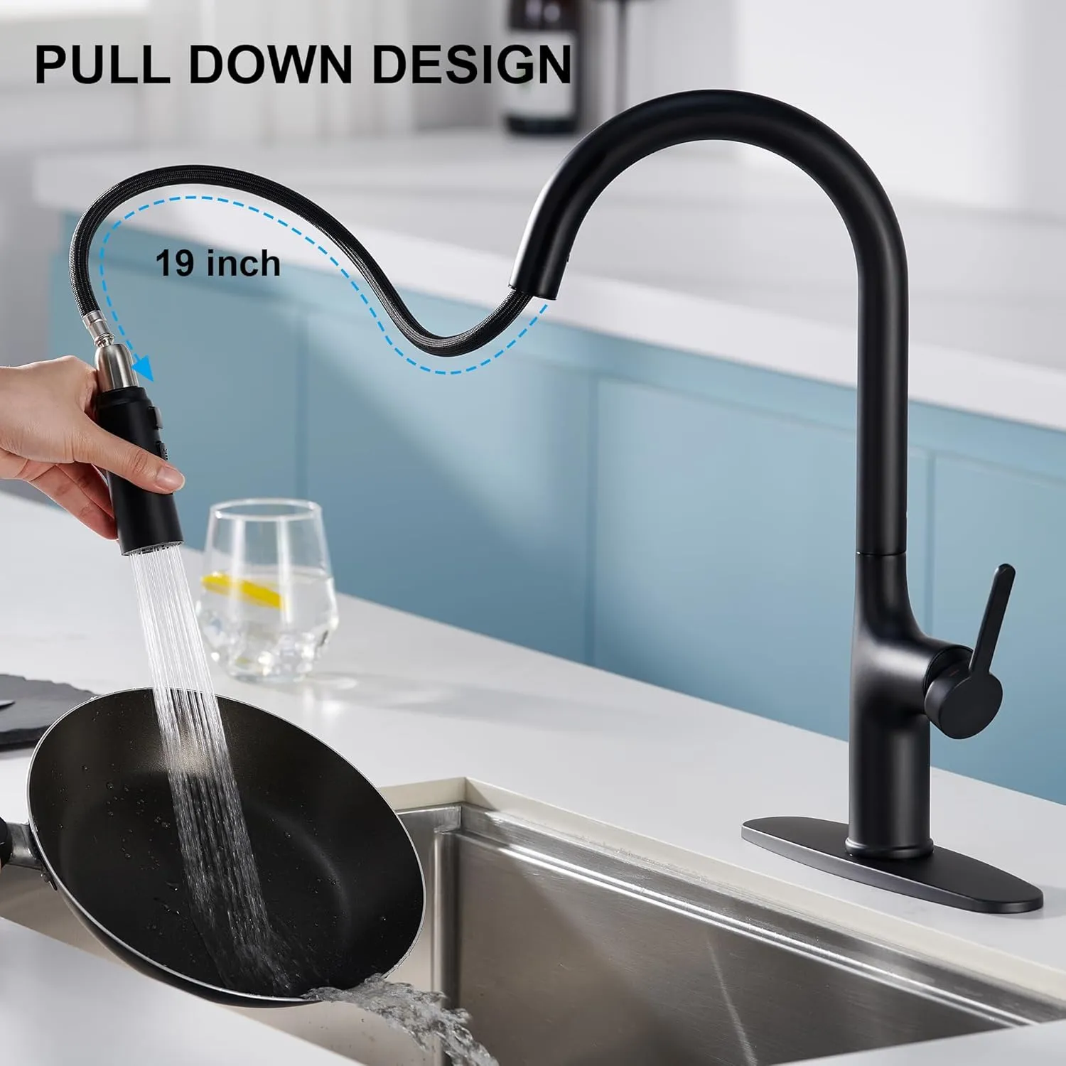 Black Kitchen Faucet with Pull Down Sprayer, Kitchen Sink Faucets with Deck Plate 3-Function Power Boost Pull Out Sprayer Modern Single Handle Commercial Kitchen Faucets