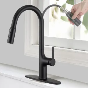 Black Kitchen Faucet with Pull Down Sprayer, Kitchen Sink Faucets with Deck Plate 3-Function Power Boost Pull Out Sprayer Modern Single Handle Commercial Kitchen Faucets